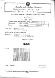 Attestato di registrazione marchio IRIAL primo deposito